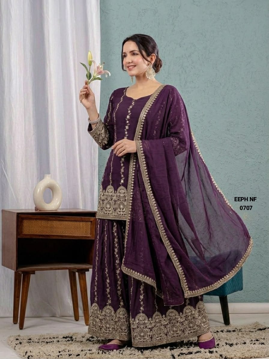 Faux Georgette Embroidered Sharara Suit Set.